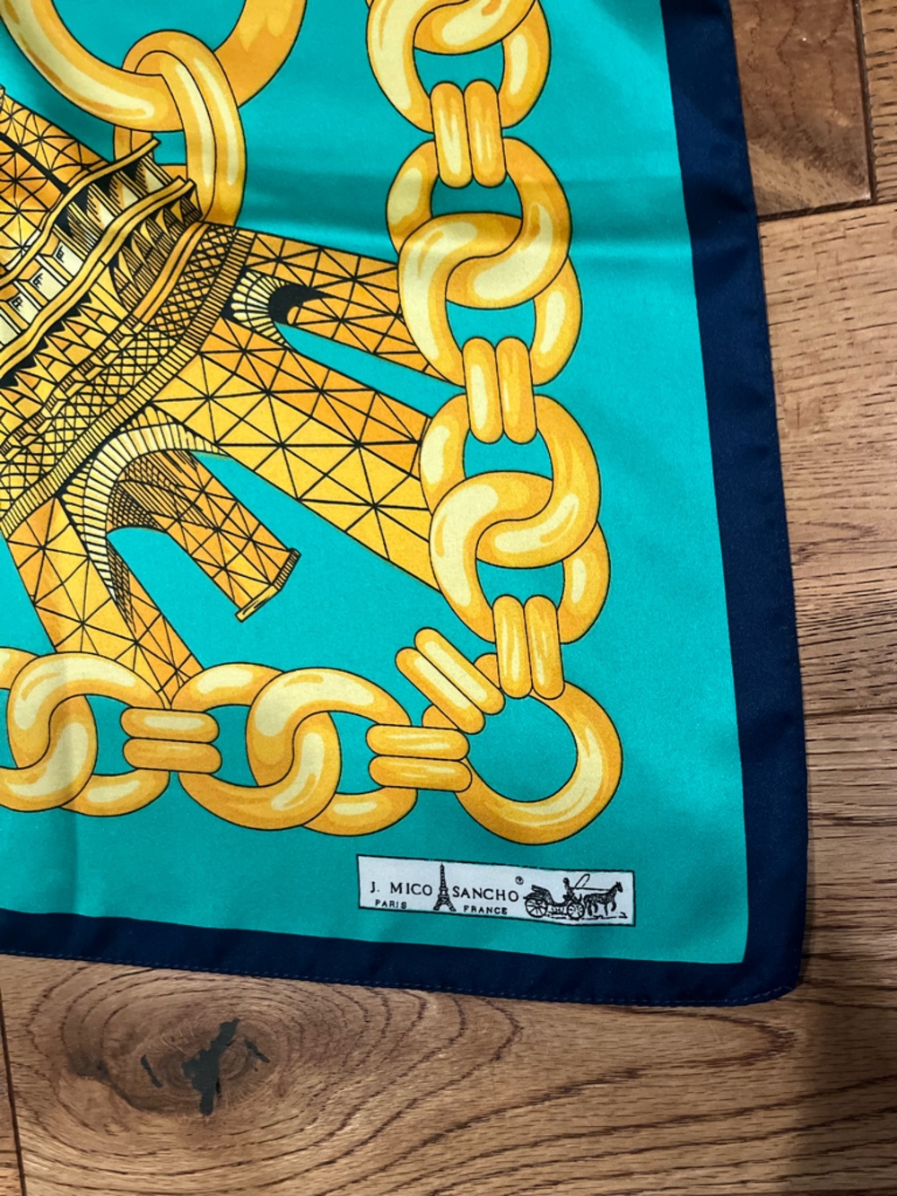 J Mico Sancho Green & Gold Chain and Eiffel Tower Print Scarf with Navy Trim